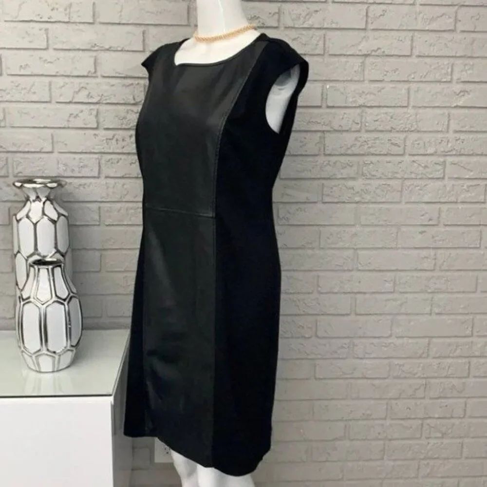 Spense Women Black Faux Leather Panel Cap Sleeve Sheath Dress Size 10